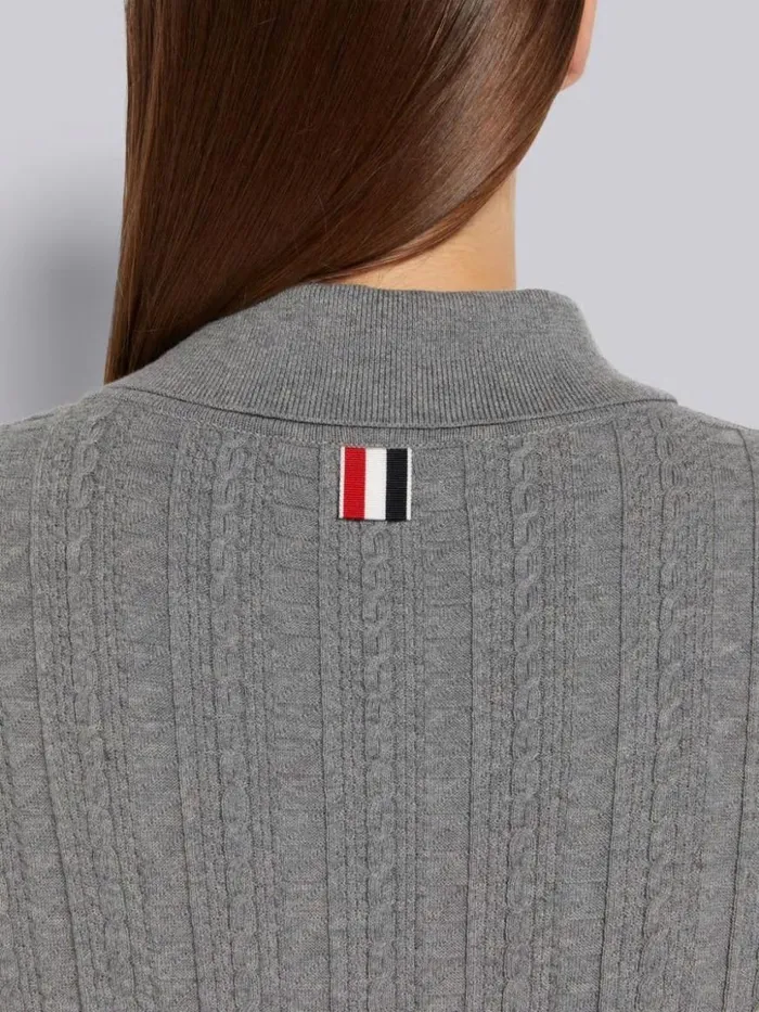 Thom Browne Cable Texture Overtwisted Cotton Stripe Framing And Waistband Pleated Below The Knee Polo Dress Light Grey Women Dresses