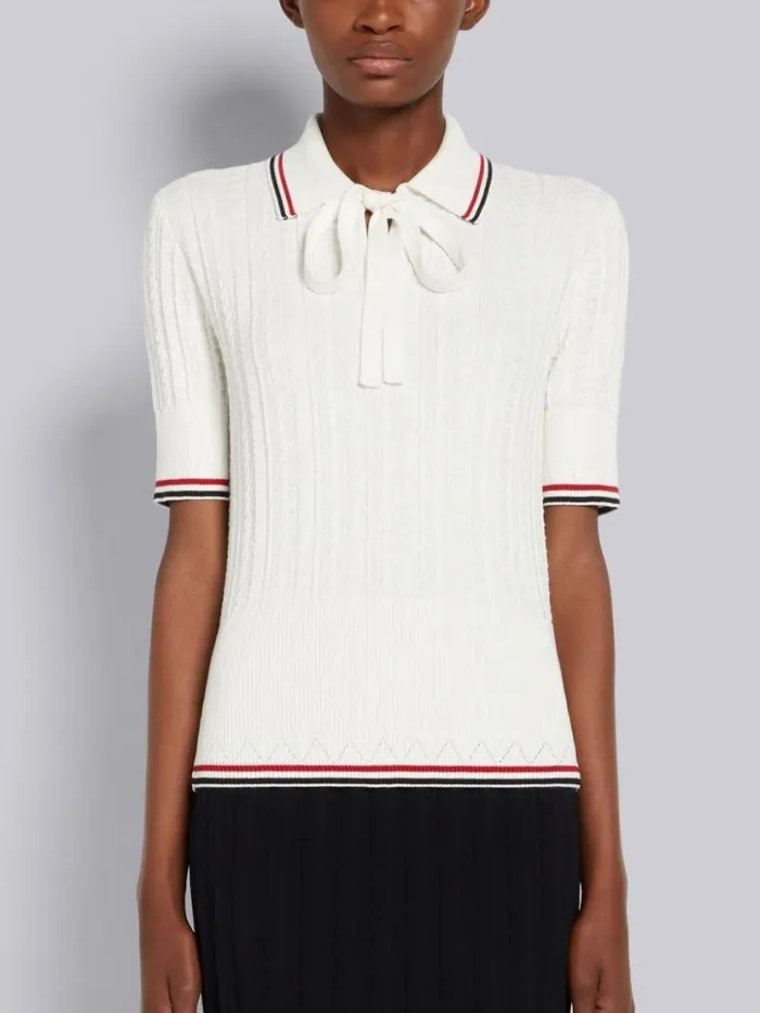 Thom Browne Cable Texture Overtwisted Cotton Stripe Framing Keyhole Polo White Women Tshirts and Polos Thom Browne Cable Texture Overtwisted Cotton Stripe Framing Keyhole Polo White Women Tshirts and Polos