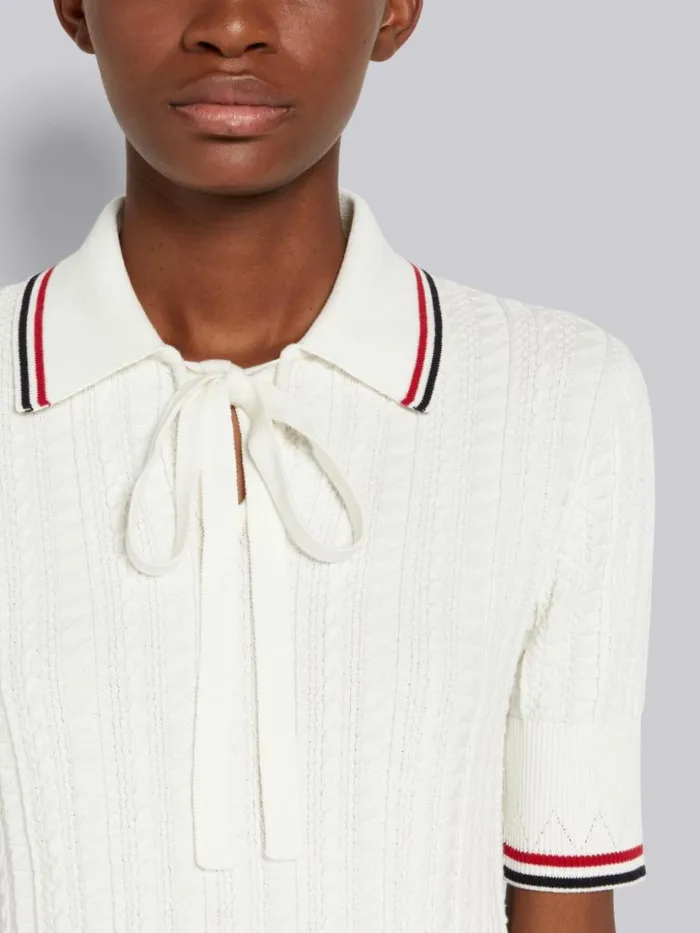 Thom Browne Cable Texture Overtwisted Cotton Stripe Framing Keyhole Polo White Women Tshirts and Polos