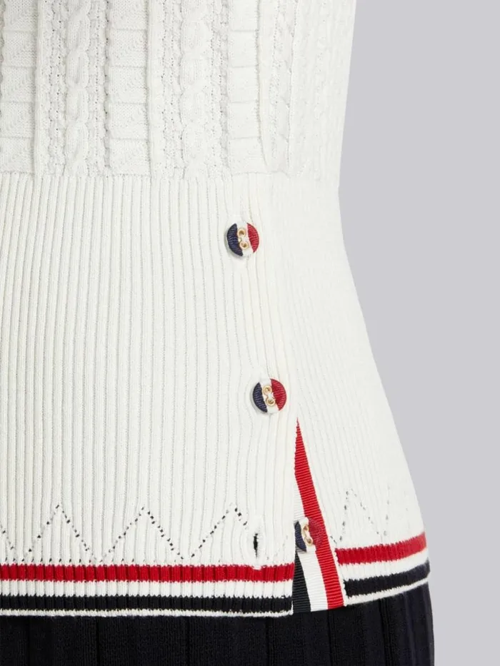 Thom Browne Cable Texture Overtwisted Cotton Stripe Framing Keyhole Polo White Women Tshirts and Polos