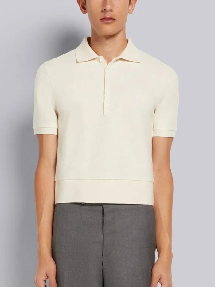 Thom Browne Cashmere Pique Short Sleeve Rib Cuff Polo White Men Tshirts and Polos