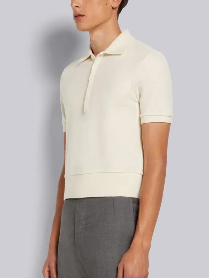 Thom Browne Cashmere Pique Short Sleeve Rib Cuff Polo White Men Tshirts and Polos