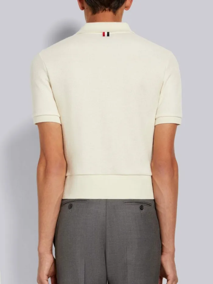 Thom Browne Cashmere Pique Short Sleeve Rib Cuff Polo White Men Tshirts and Polos