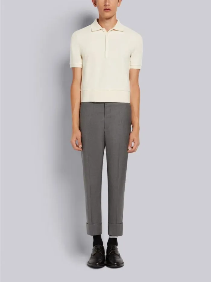 Thom Browne Cashmere Pique Short Sleeve Rib Cuff Polo White Men Tshirts and Polos