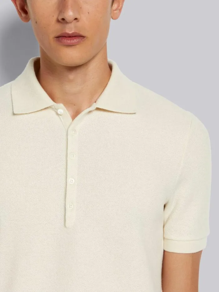 Thom Browne Cashmere Pique Short Sleeve Rib Cuff Polo White Men Tshirts and Polos