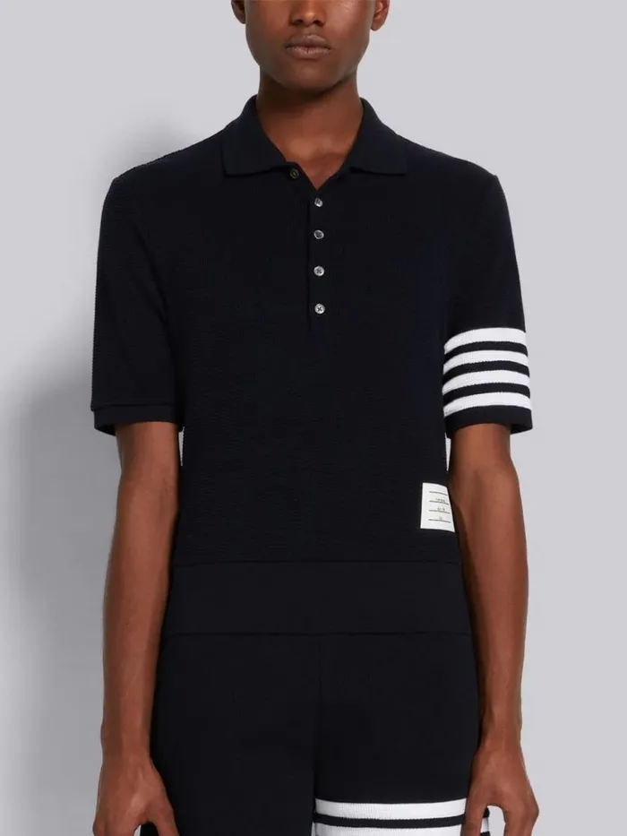 Thom Browne Compact Waffle Rib Cuff 4bar Polo Navy Men Tshirts and Polos