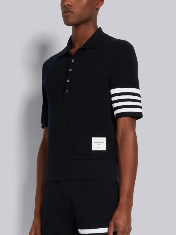 Thom Browne Compact Waffle Rib Cuff 4bar Polo Navy Men Tshirts and Polos