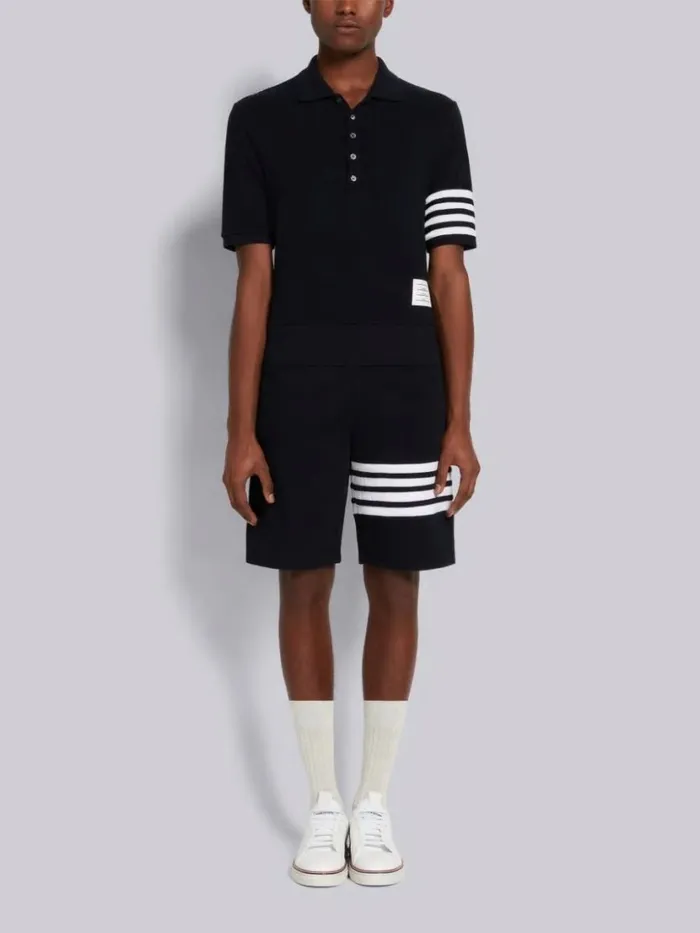 Thom Browne Compact Waffle Rib Cuff 4bar Polo Navy Men Tshirts and Polos