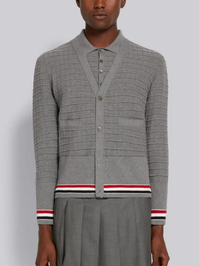 Thom Browne Cotton Grid Effect Stripe Trim Vneck Cardigan Light Grey Men Knitwear