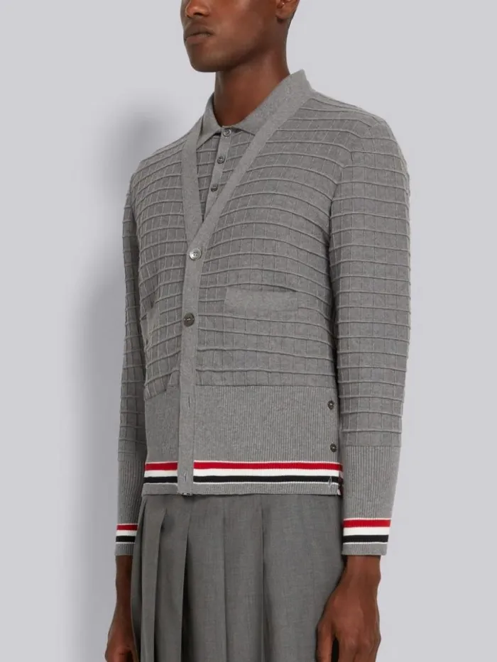 Thom Browne Cotton Grid Effect Stripe Trim Vneck Cardigan Light Grey Men Knitwear