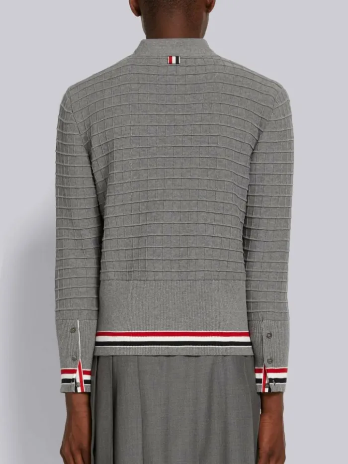 Thom Browne Cotton Grid Effect Stripe Trim Vneck Cardigan Light Grey Men Knitwear