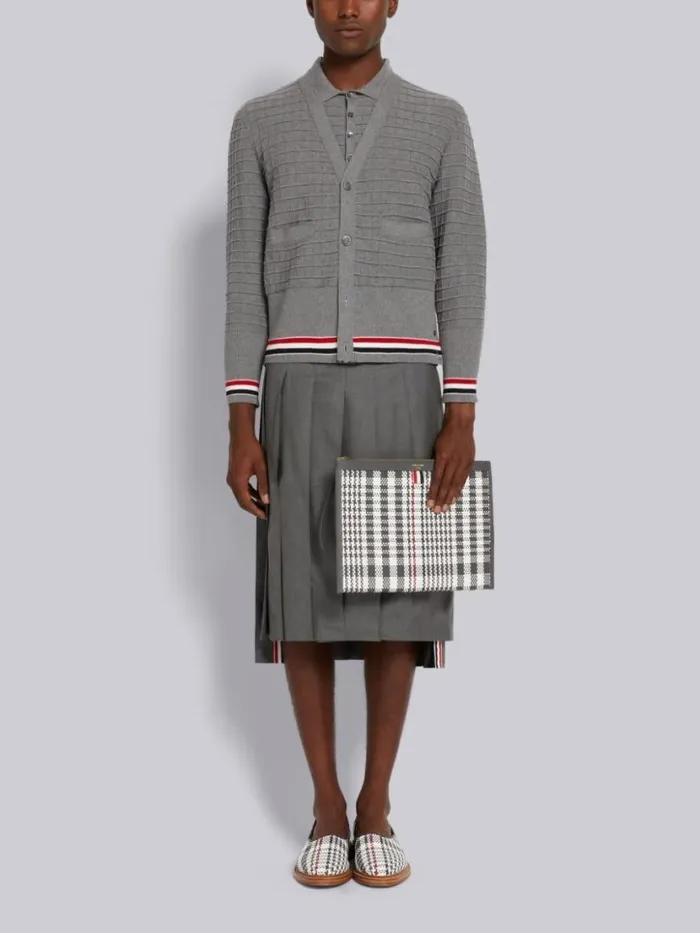 Thom Browne Cotton Grid Effect Stripe Trim Vneck Cardigan Light Grey Men Knitwear