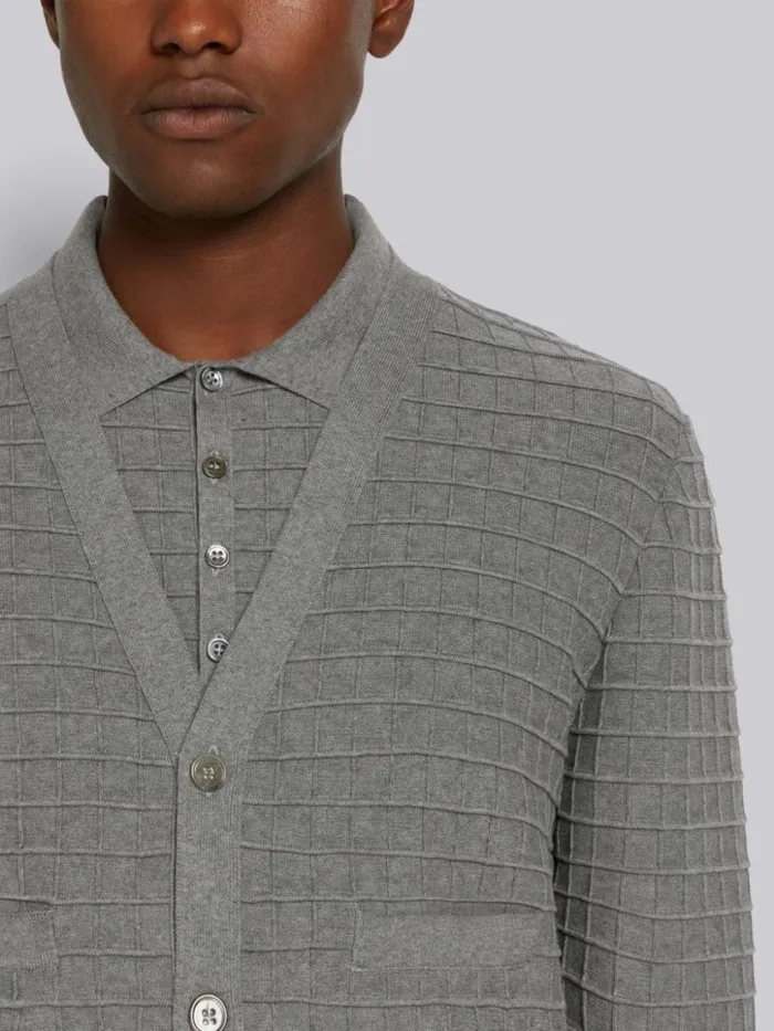 Thom Browne Cotton Grid Effect Stripe Trim Vneck Cardigan Light Grey Men Knitwear
