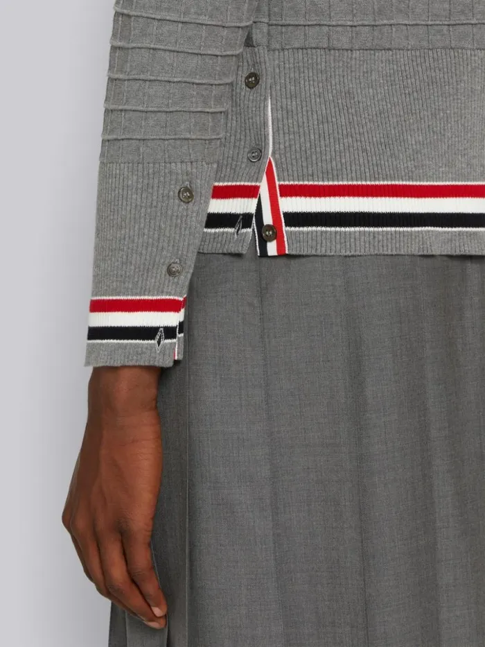 Thom Browne Cotton Grid Effect Stripe Trim Vneck Cardigan Light Grey Men Knitwear