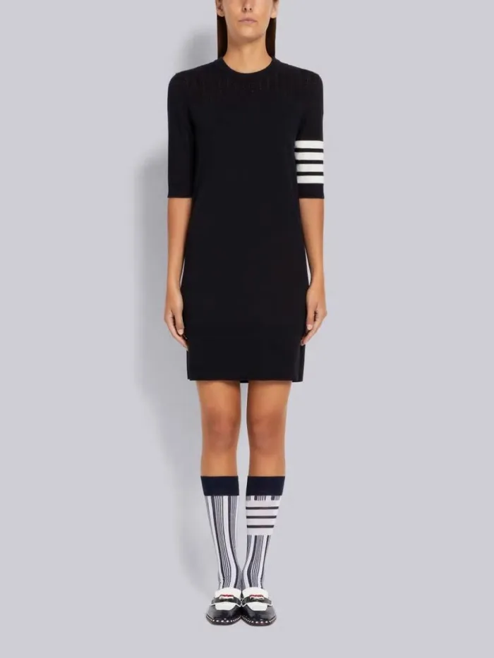 Thom Browne Cotton Hector Medallion 4bar Short Sleeve Mini Dress Navy Women Dresses