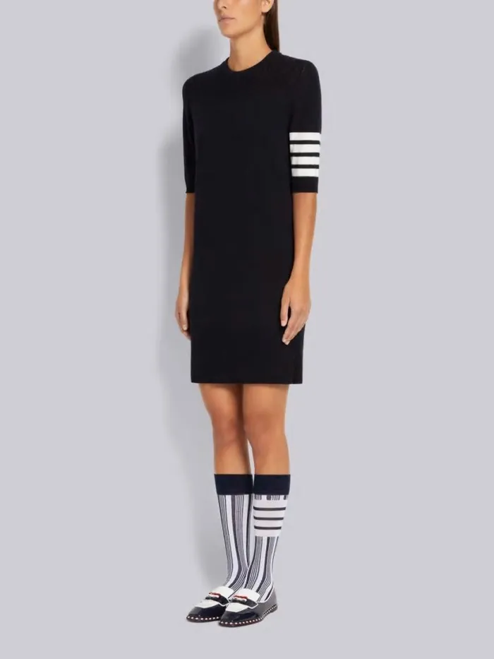 Thom Browne Cotton Hector Medallion 4bar Short Sleeve Mini Dress Navy Women Dresses