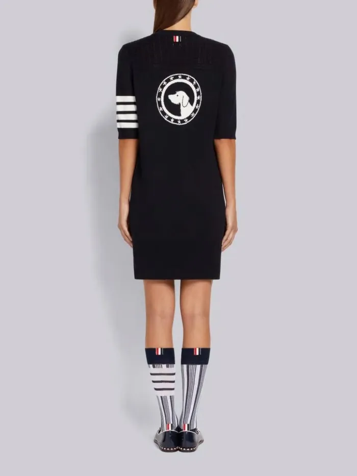 Thom Browne Cotton Hector Medallion 4bar Short Sleeve Mini Dress Navy Women Dresses