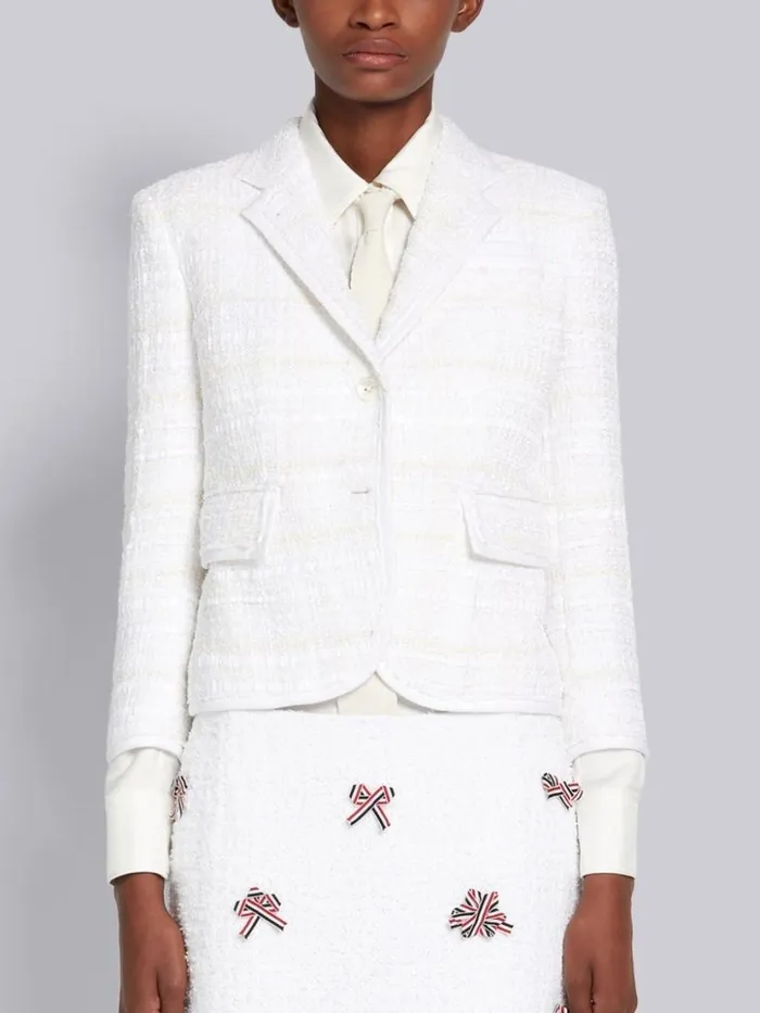 Thom Browne Cotton Oxford Ribbon Tweed Tipped High Armhole Jacket White Women Jackets