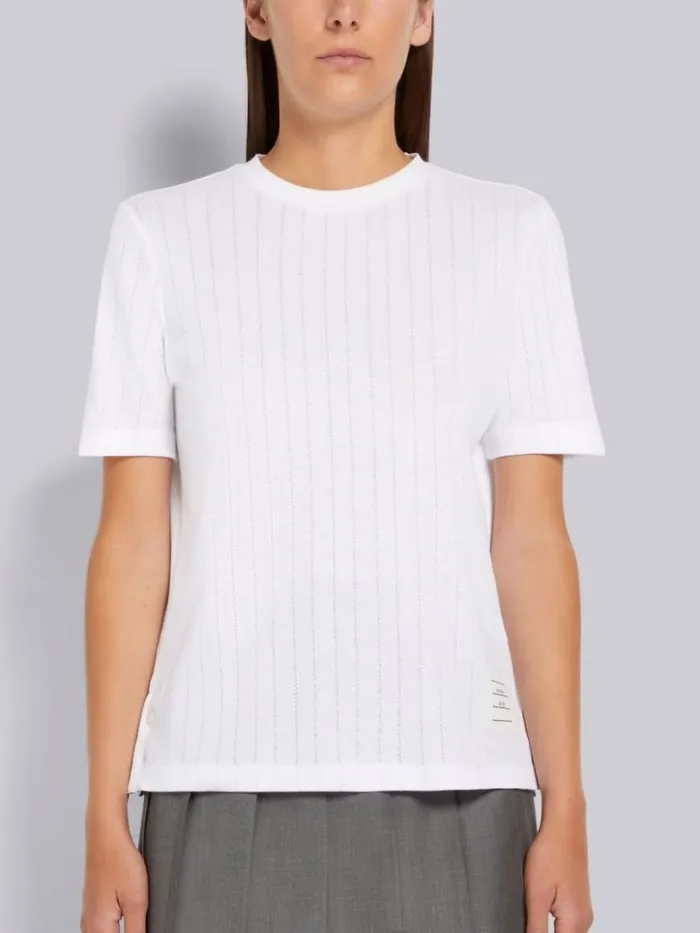 Thom Browne Cotton Pointelle Rib Short Sleeve Tee White Women Tshirts and Polos