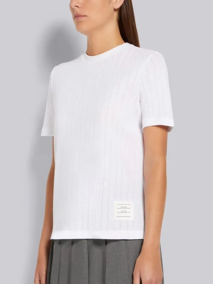 Thom Browne Cotton Pointelle Rib Short Sleeve Tee White Women Tshirts and Polos