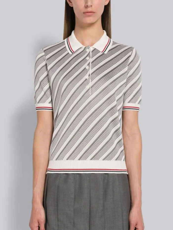 Thom Browne Cotton Silk 4bar Stripe Trim Polo Light Grey Women Knitwear