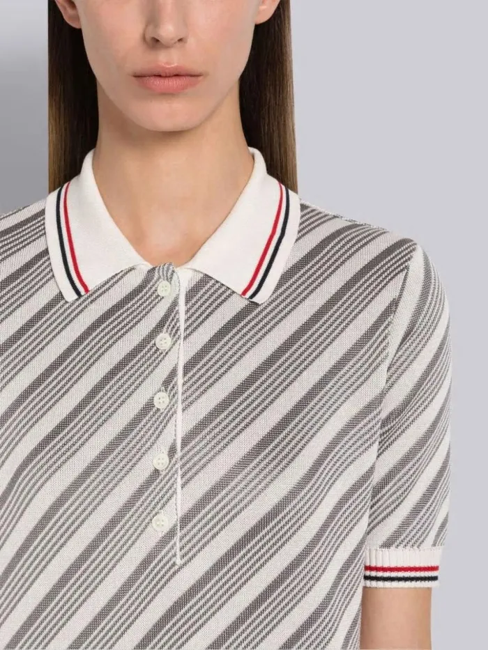 Thom Browne Cotton Silk 4bar Stripe Trim Polo Light Grey Women Knitwear