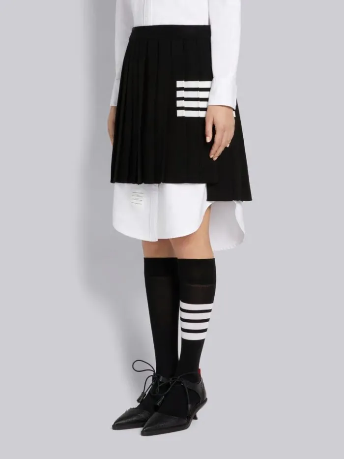 Thom Browne Full Needle Rib Stitch Fine Merino Wool 4bar Pleated Miniskirt Black Women Skirts