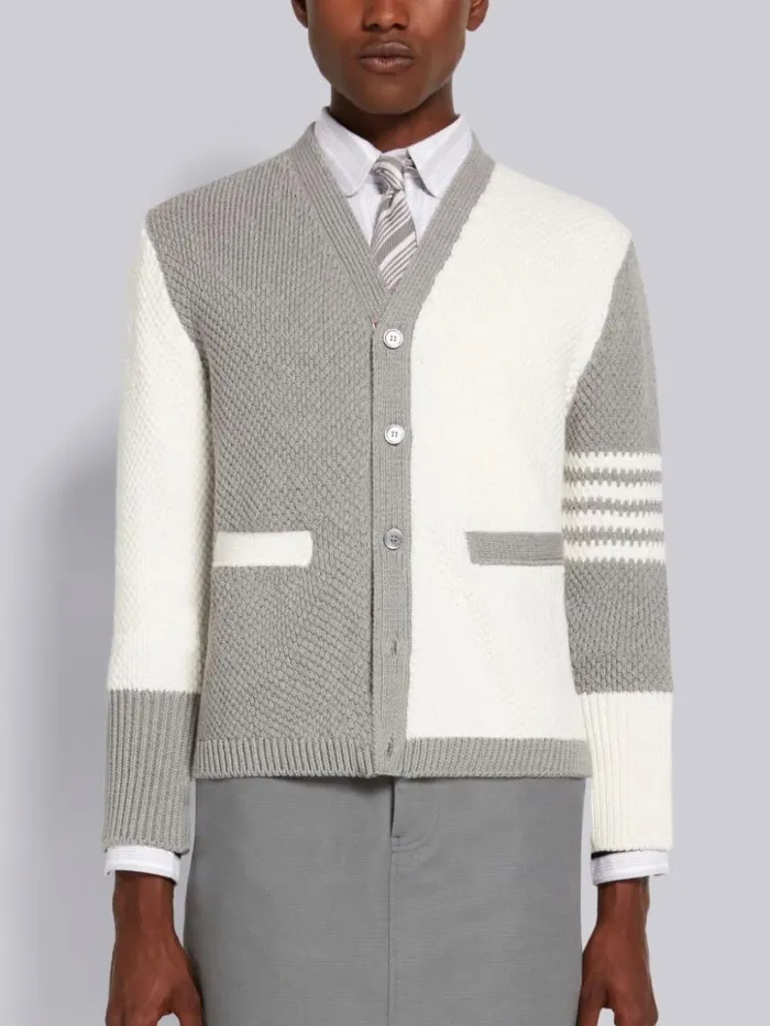 Thom Browne Funmix Seed Stitch Cotton 4bar High Neck Cardigan Light Grey Men Knitwear
