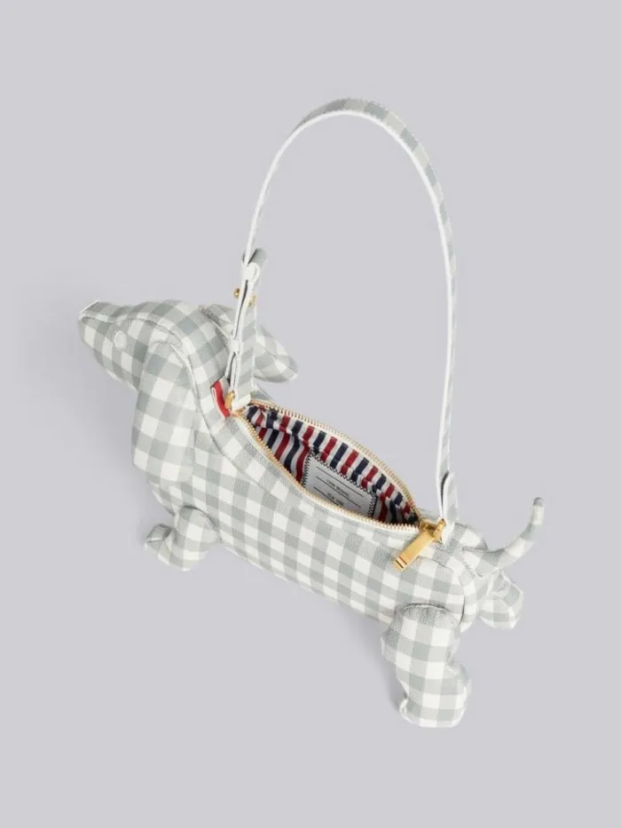 Thom Browne Gingham Print Caviar Leather Hector Baguette Shoulder Bag Medium Grey Women Crossbody Bags