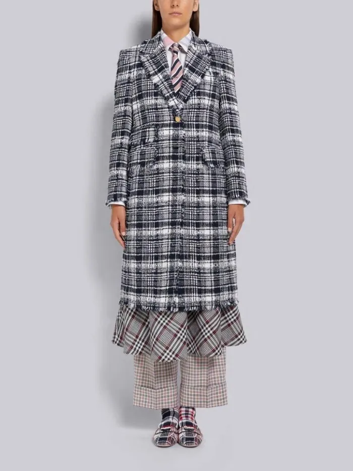 Thom Browne Hairline Madras Ribbon Tweed Frayed Single Vent Overcoat Navy Women Outerwear Thom Browne Hairline Madras Ribbon Tweed Frayed Single Vent Overcoat Navy Women Outerwear