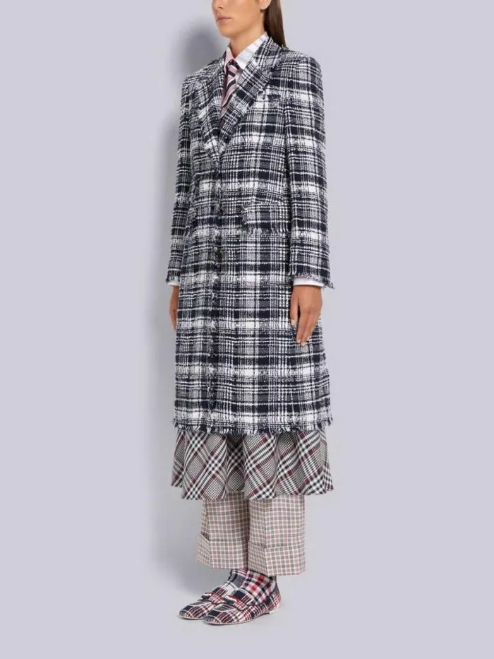 Thom Browne Hairline Madras Ribbon Tweed Frayed Single Vent Overcoat Navy Women Outerwear