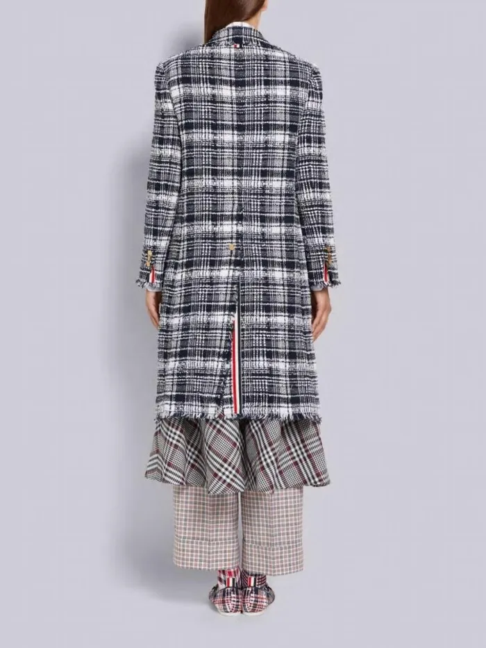 Thom Browne Hairline Madras Ribbon Tweed Frayed Single Vent Overcoat Navy Women Outerwear