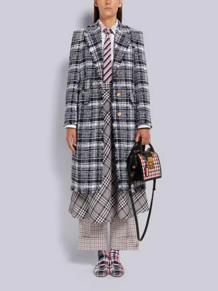 Thom Browne Hairline Madras Ribbon Tweed Frayed Single Vent Overcoat Navy Women Outerwear