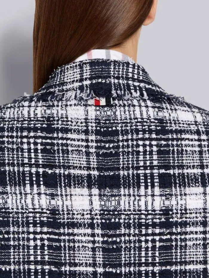 Thom Browne Hairline Madras Ribbon Tweed Frayed Single Vent Overcoat Navy Women Outerwear