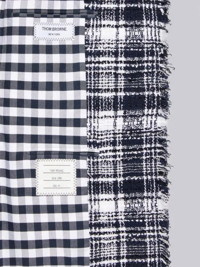 Thom Browne Hairline Madras Ribbon Tweed Frayed Single Vent Overcoat Navy Women Outerwear