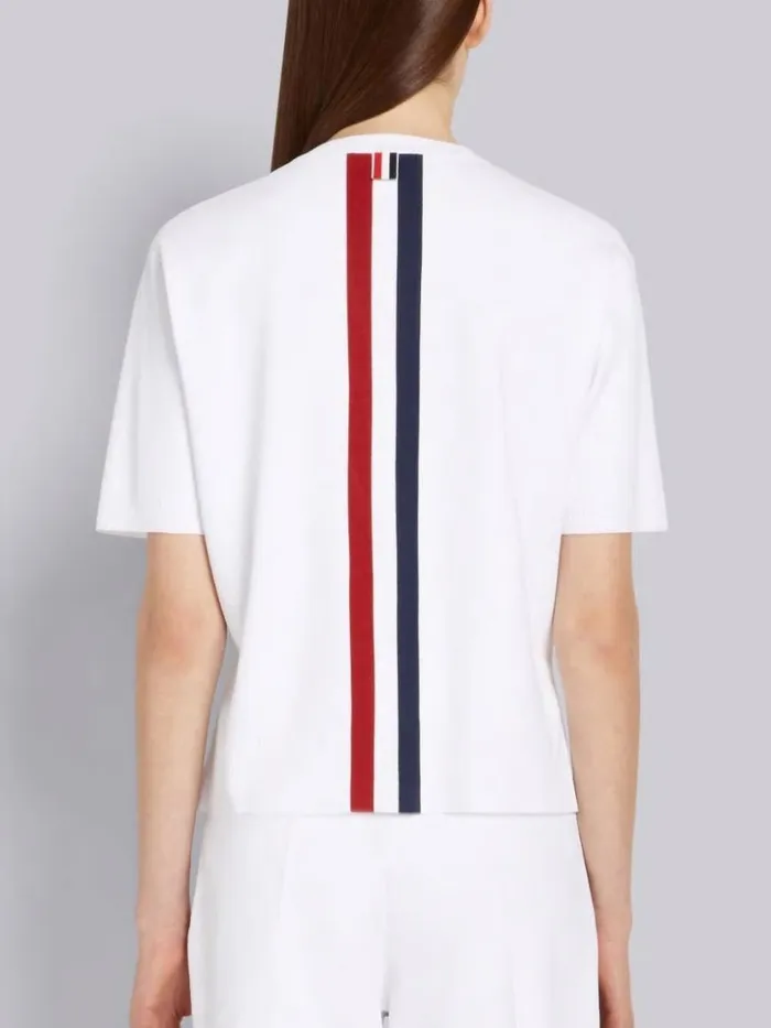 Thom Browne Jersey Stitch Stretch Viscose Intarsia Stripe Boxy Fit Crew Neck Tee White Women Sweats