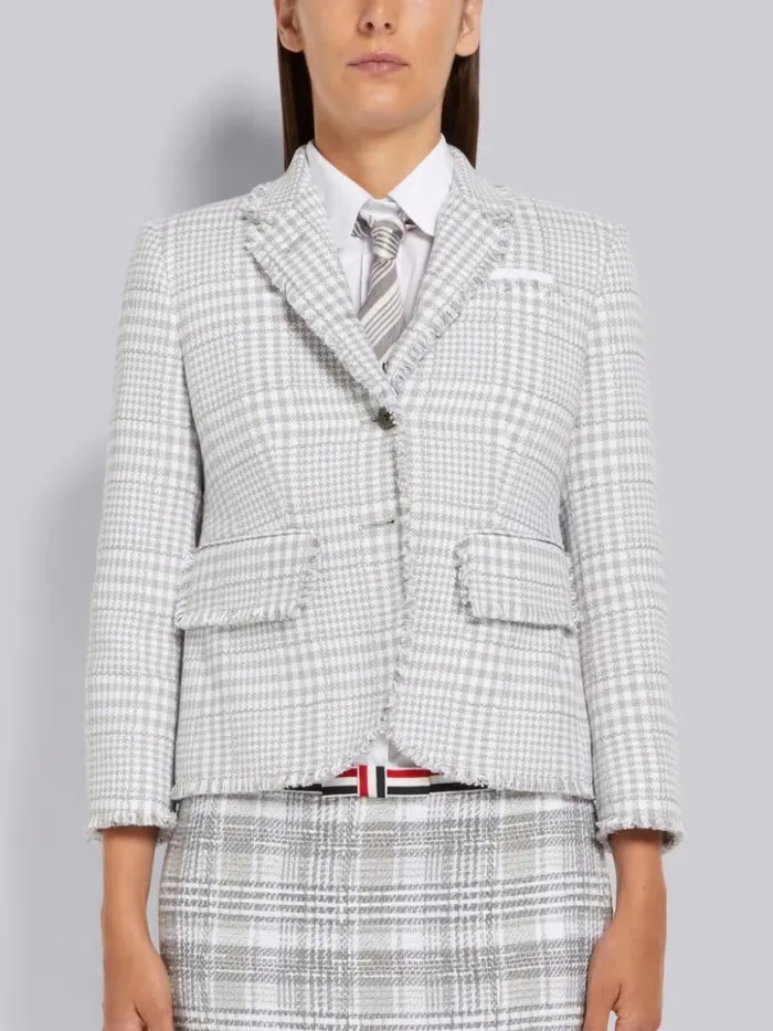 Thom Browne Large Gingham Summer Tweed Frayed High Armhole Jacket Medium Grey Women Jackets Thom Browne Large Gingham Summer Tweed Frayed High Armhole Jacket Medium Grey Women Jackets