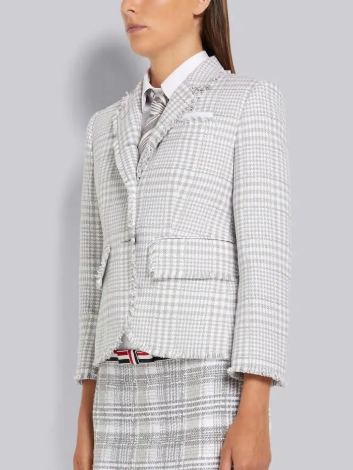 Thom Browne Large Gingham Summer Tweed Frayed High Armhole Jacket Medium Grey Women Jackets