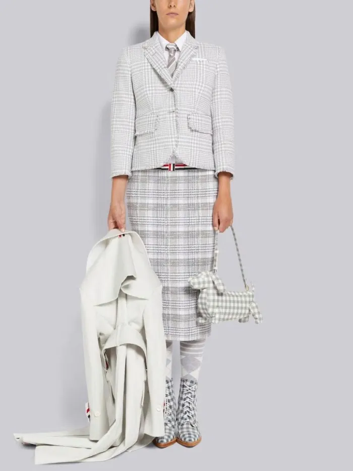 Thom Browne Large Gingham Summer Tweed Frayed High Armhole Jacket Medium Grey Women Jackets