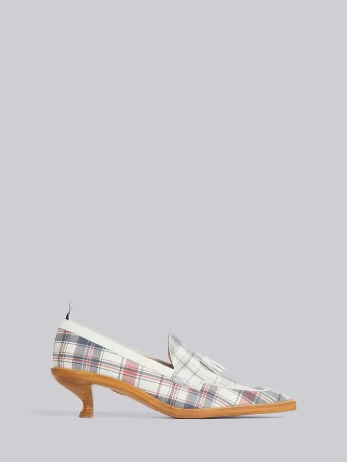 Thom Browne Multicolor Stripe Plaid And Madras Printed Nubuck 50mm Curved Heel Tassel Loafer Rwbwht Women Heels