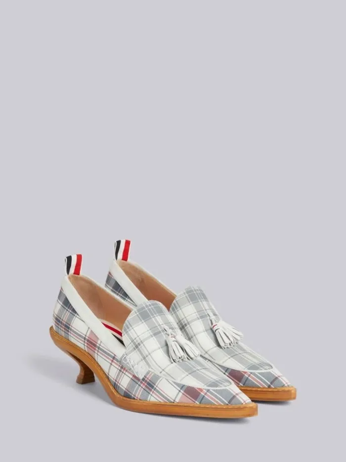 Thom Browne Multicolor Stripe Plaid And Madras Printed Nubuck 50mm Curved Heel Tassel Loafer Rwbwht Women Heels