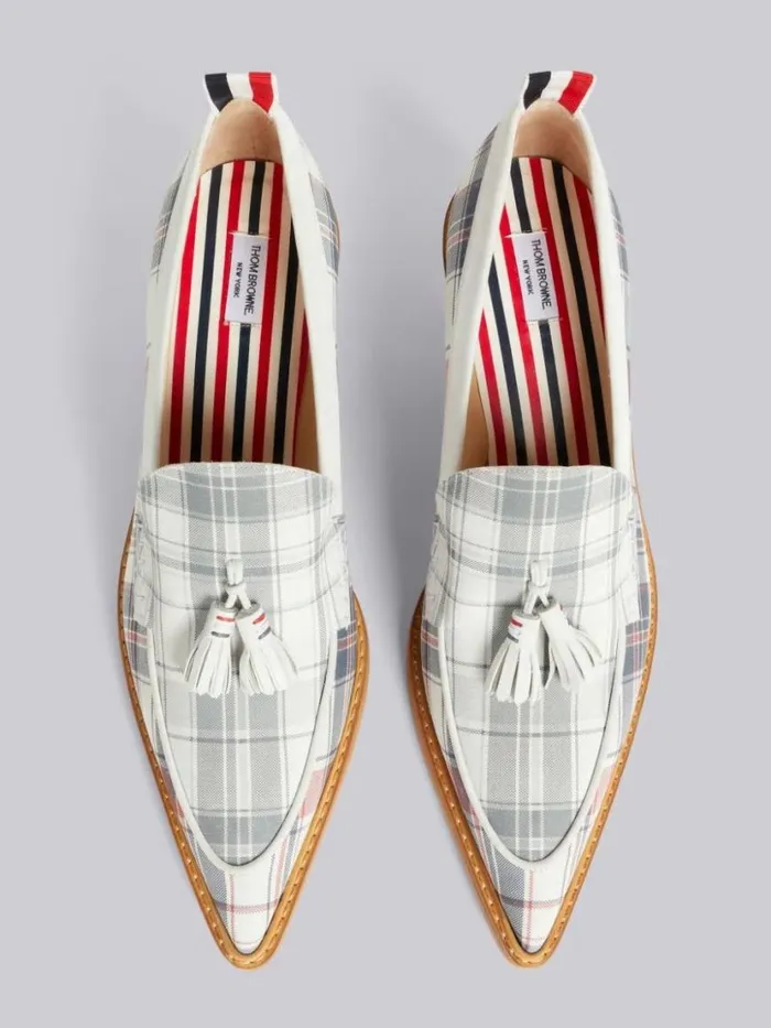 Thom Browne Multicolor Stripe Plaid And Madras Printed Nubuck 50mm Curved Heel Tassel Loafer Rwbwht Women Heels