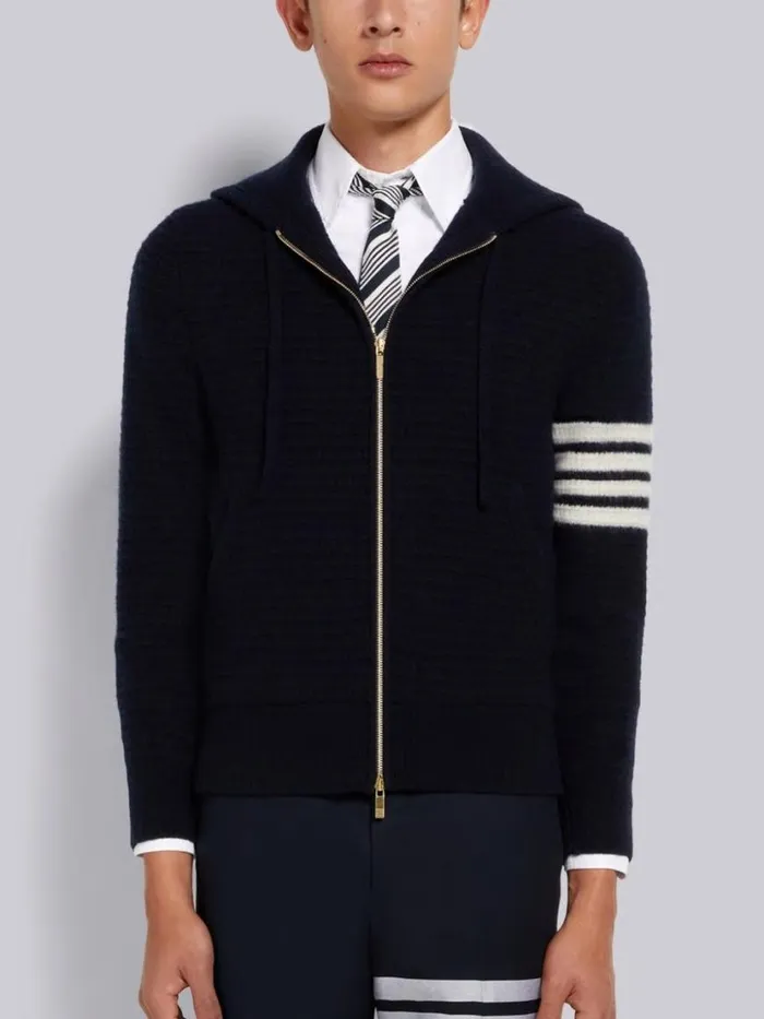 Thom Browne Overwashed Cashmere 4bar Zip Up Hoodie Navy Men Sweats