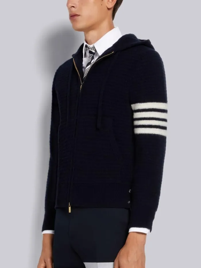 Thom Browne Overwashed Cashmere 4bar Zip Up Hoodie Navy Men Sweats