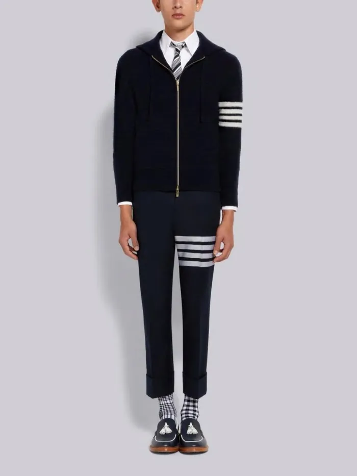 Thom Browne Overwashed Cashmere 4bar Zip Up Hoodie Navy Men Sweats