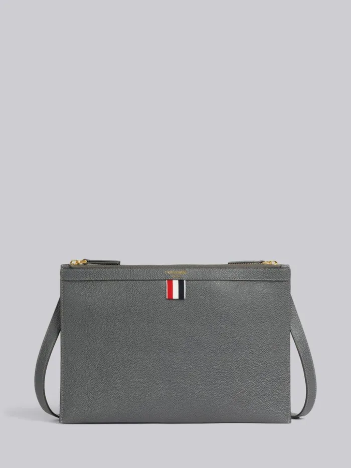 Thom Browne Pebble Grain Leather Double Zip Crossbody Document Holder Dark Grey Women Crossbody Bags