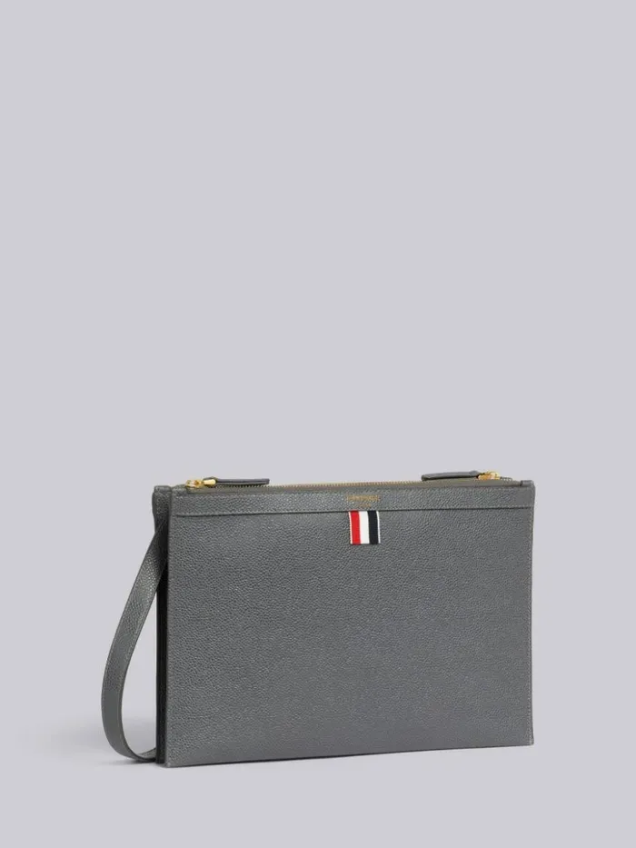 Thom Browne Pebble Grain Leather Double Zip Crossbody Document Holder Dark Grey Women Crossbody Bags