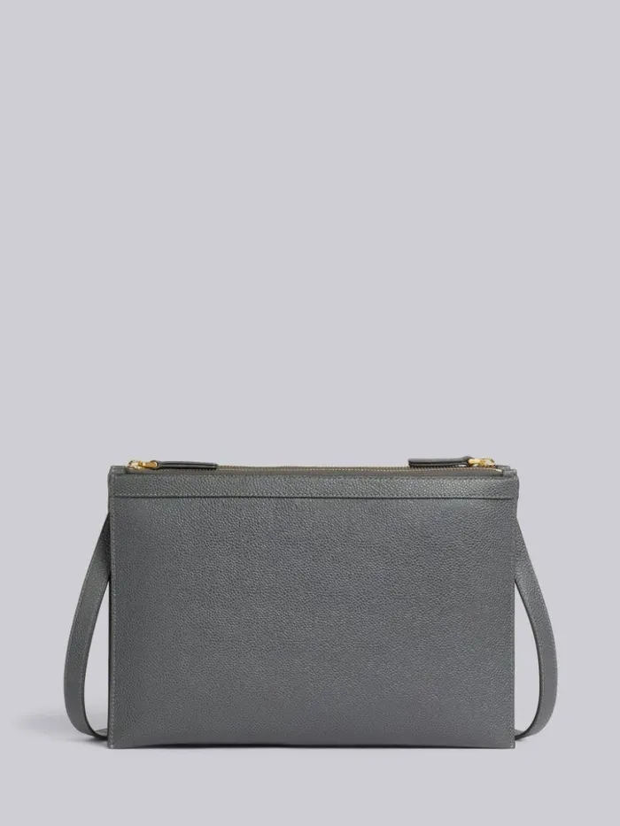 Thom Browne Pebble Grain Leather Double Zip Crossbody Document Holder Dark Grey Women Crossbody Bags