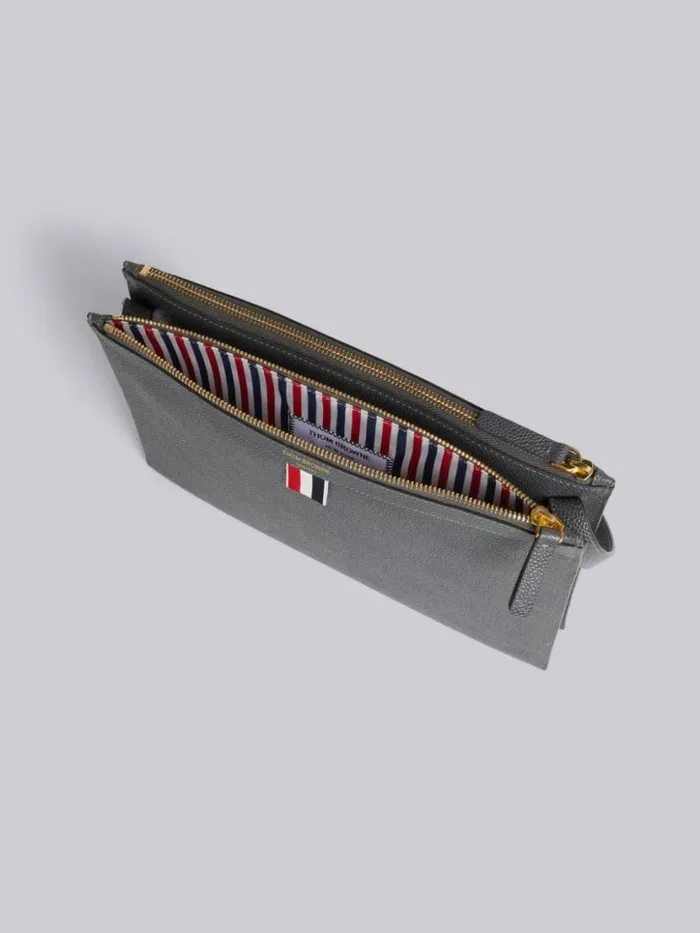 Thom Browne Pebble Grain Leather Double Zip Crossbody Document Holder Dark Grey Women Crossbody Bags
