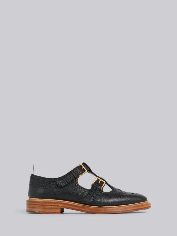 Thom Browne Pebbled Calfskin 2strap Tbar Thom John Black Women Brogues and Loafers